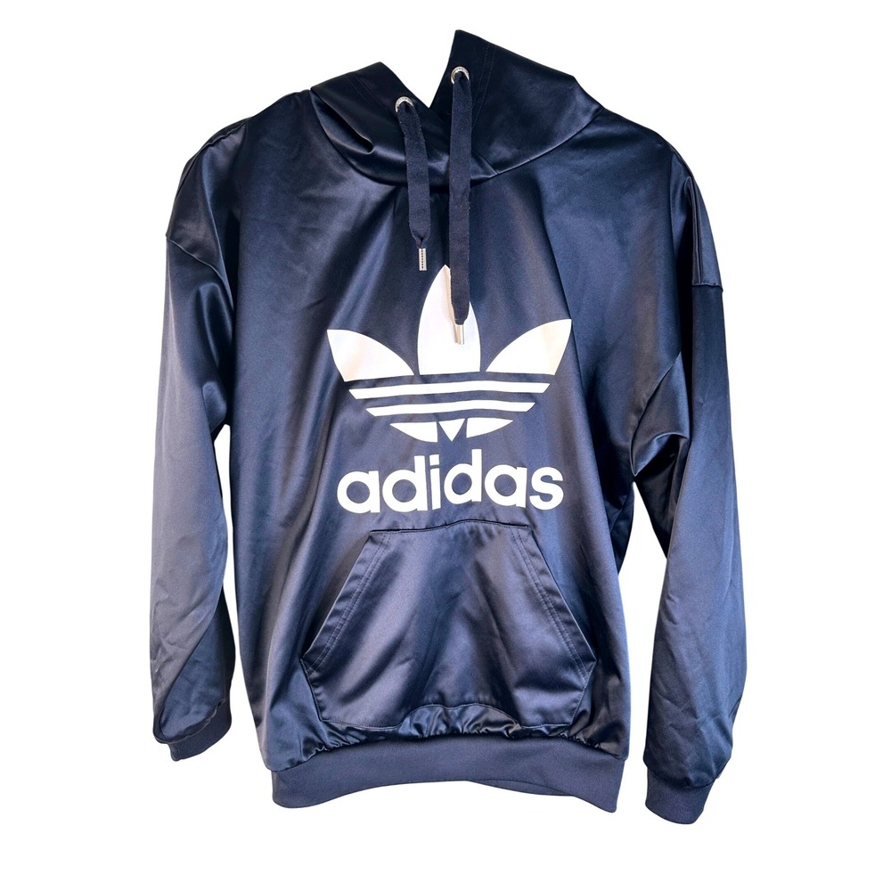 Adidas Women's‎ Navy Blue Satin Trefoil Logo Pullover Hoodie Sweatshirt  Size XS